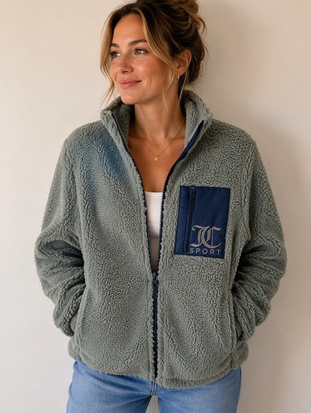 Juicy Couture Young Womens Gray Sherpa Jacket with Navy Chest Pocket